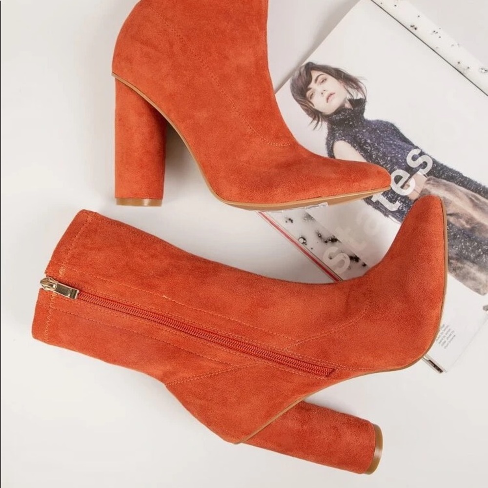 Vegan Suede Pointed Toe Zip-Up Block Heel Boots